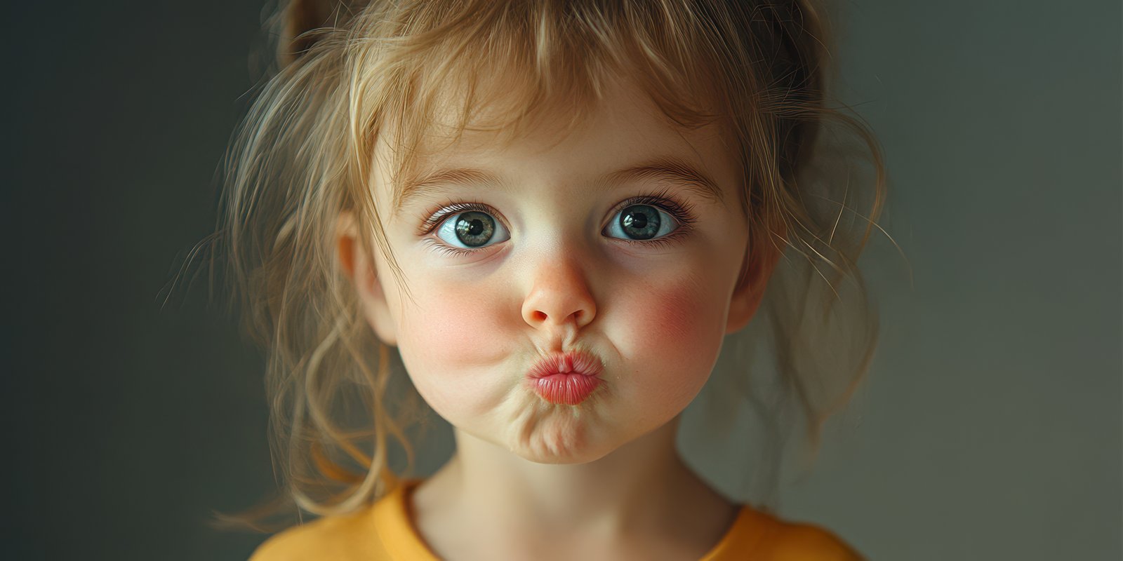 Cute child making a funny face with pouted lips and playful expression indoors during the daytime